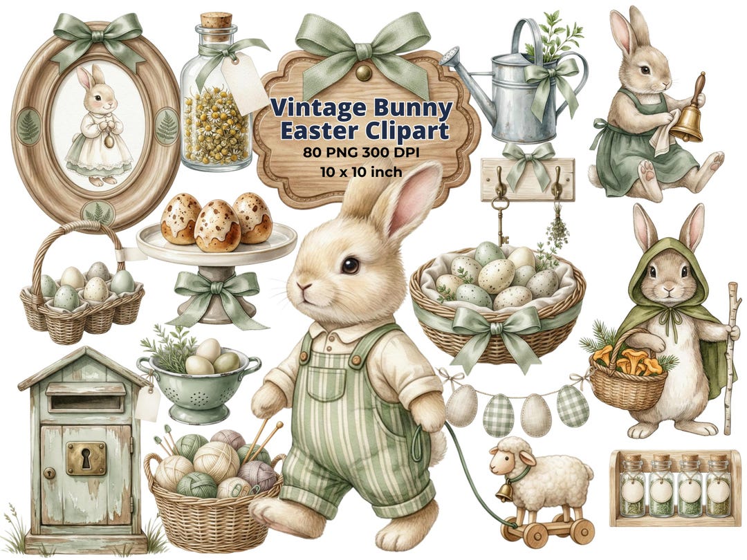 Rustic Easter Clipart Bundle, Vintage Bunny Clipart: Beige Bunnies ...
