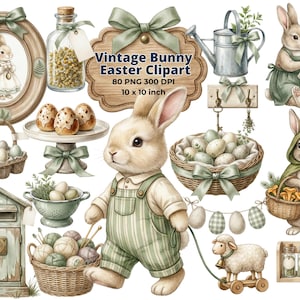 Puede incluir: Ilustraciones en acuarela de imágenes prediseñadas de conejitos de Pascua vintage. La imagen presenta varios elementos temáticos de Pascua, incluyendo conejitos, huevos, cestas y acentos decorativos. La paleta de colores incluye verdes suaves, marrones y cremas, creando una estética encantadora y caprichosa.