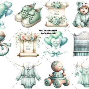 Mint Green Baby Shower Clipart Bundle 'welcome Baby' PNG Gender Reveal ...