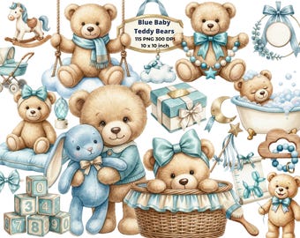 May include: Watercolor illustration of baby teddy bears in various poses, with blue bows and accessories. Includes a rocking horse, blocks, a baby carriage, and a sign that reads "Blue Baby Teddy Bears 10 x 10 inch".