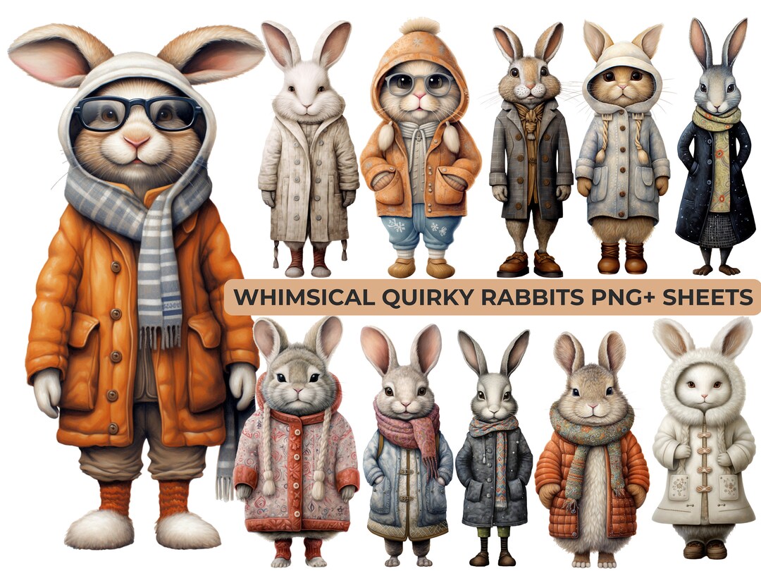 Winter Mix Media Funny Quirky Rabbits: Artistic Whimsy Bunnies, 15 Png ...