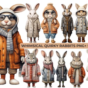 Lapins amusants et originaux en mix media hivernal : lapins artistiques et fantaisistes, 15 éléments PNG et feuilles imprimables