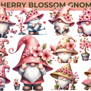 25 Cherry Blossom Gnome Clipart Set - Cute Spring Sakura Gnomes, High-Quality PNG Files, CU