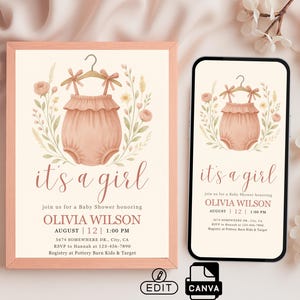 Invitación bohemia para baby shower con ropita de bebé – Flores silvestres «Es una niña» | Tarjeta editable de Canva + Tarjeta de regalo a juego para teléfono Evite | CU