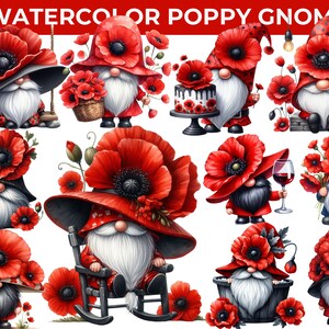 Watercolor Poppy Gnome Clipart Bundle | 25 Red Garden Gnome PNGs for Cards & Stickers, CU