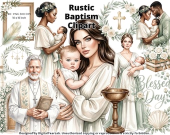Rustic Baptism Clipart Kit, Battesimo Clipart Bundle, 80 First Communion PNG, Baby Bautizo Girl, Baby Christening Clipart, 4K, CU