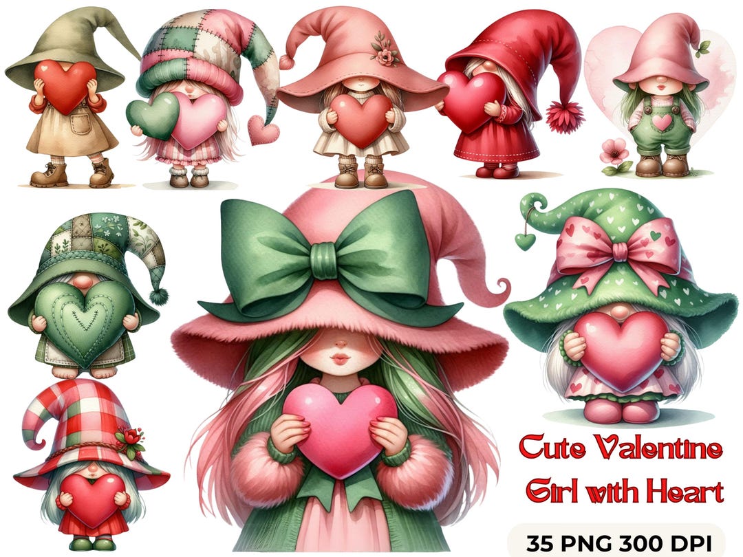 Watercolor Valentines Gnome Clipart - 35 PNG Female Gnomes and Hearts ...