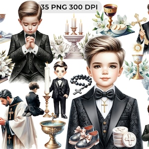 Clipart de communion pour garçon | 35 images PNG en costume noir – Images de première communion et de confirmation, CU