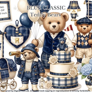 May include: A collection of digital illustrations featuring teddy bears in blue plaid outfits, a three-tiered cake, a baby carriage, a growth chart, a heart-shaped pillow, a lamp, and a vase of blue and white hydrangeas with the text BLUE CLASSIC Teddy Bears.