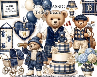Classic Blue Tedy bear clipart 3 - Nursery Clipart - Baby Shower PNG, Tartan teddy bear Clipart, Digital download, CU