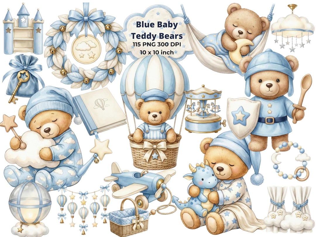 Watercolor Teddy Bear Clipart, Blue Baby Teddies PNG, Baby Boy Nursery ...