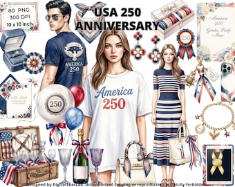 America 250 Patriotic Watercolor Clipart Bundle, 80 PNGs, USA 250 Anniversary American Flag, 4K, CU