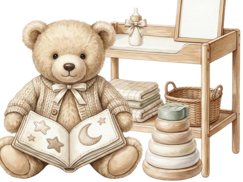 Watercolor Teddy Bear Clipart, Neutral Baby Shower PNG, Beige Nursery ...