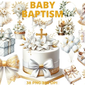First Communion Clipart Bundle | White + Gold Lilies | 38 PNG Baptism Graphics for Cards & Crafts, CU
