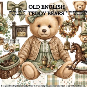 Può includere: Una collezione digitale di Old English Teddy Bears con un orso centrale in cardigan a trecce, un grammofono, un cesto di vimini con pigne, un cavallo a dondolo, una ghirlanda ed elementi botanici con il testo Old English Teddy Bears.