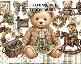 English Heritage Teddy Bear Clipart, Tartan Nursery Decor, Vintage Watercolor PNG Bundle, Baby Shower Invitations, Digital Download, 4K CU