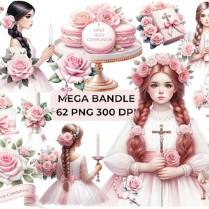 First Holy Communion Clipart Mega Bundle – Pink Girl Set | 62 Confirmation PNGs for Invites, Cards & Crafts (CU)