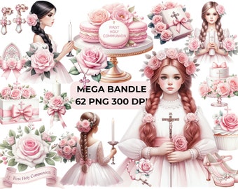 62 First Holy Communion Clipart Bundle - pink Girl Communion,  confirmation PNG Files, Mega Bundle, CU