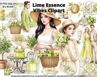 Watercolor Lime Essence Clipart Bundle - Cozy Spring Floral PNGs, Lime Green Flowers, Watercolor Girl Digital Stickers Download, 4K, CU