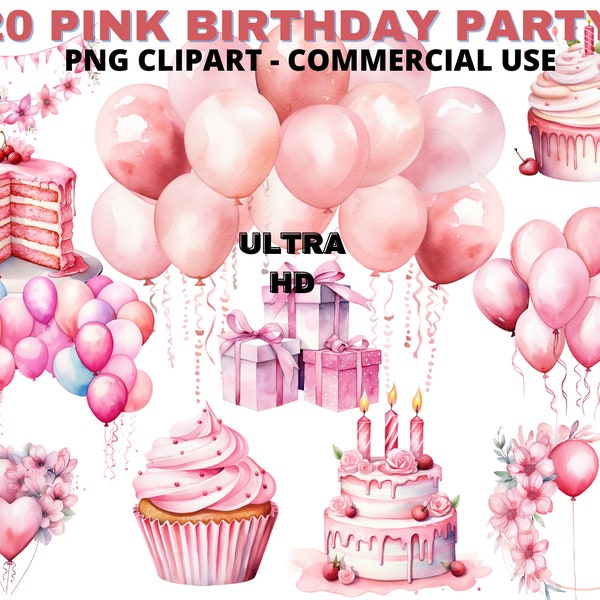 Pink Birthday Clipart Baby Bundle Watercolor Clipart Baby Girl Clipart  Blue Balloons,Pink Cake, Toddler Birthday Clipart Instant Download