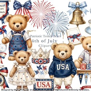 Può includere: Una collezione di clipart di orsetti patriottici a tema 4 luglio. L'immagine include orsetti in vari abiti, come tute, un vestito e una felpa con cappuccio. Altri elementi includono fuochi d'artificio, fiocchi e blocchi a tema USA. L'immagine è di 25,4 x 25,4 cm.