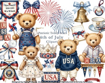 America 250 Patriotic Teddy Bear Watercolor Clipart, , USA 250 Nursery, 4th of July Bear, USA Theme Teddy Bears, Independence Day, 4K, CU