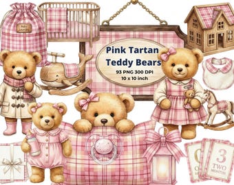 Pink Plaid Nursery Clipart - Polo teddy bear Baby Shower PNG, Tartan teddy bear Clipart, Digital download, CU