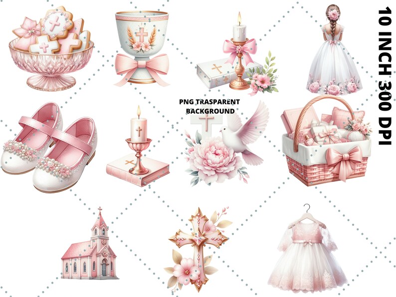Pink Girl Communion Clipart Bundle | 35 First Holy Communion PNG Files ...