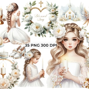 Clipart de communion pour fille blanche et dorée | 35 fichiers PNG avec fond transparent, CU