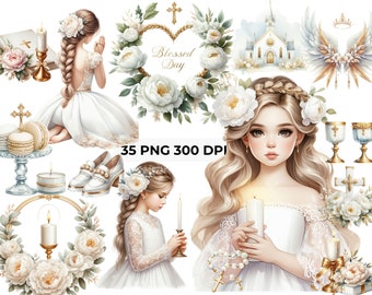 White & Gold Girl Communion Clipart Bundle | 35 PNG Files w/ Transparent Background, CU