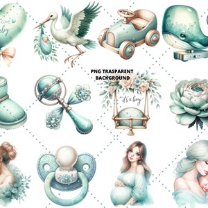Mint Green Baby Shower Clipart Bundle 'welcome Baby' PNG Gender Reveal ...