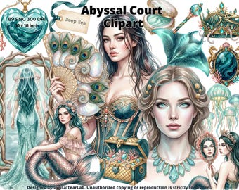 Abyssal Court Clipart Bundle, Mermaid Watercolor Graphics, Fantasy ocean world, Digital Stickers, Junk Journal Scrapbooking, 4K, CU