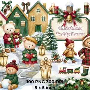Watercolor Christmas Teddy Bears Clipart, Tartan Holiday Clipart, Cute Bears PNG, Festive Nursery PNG, Christmas Animals, Digital Download