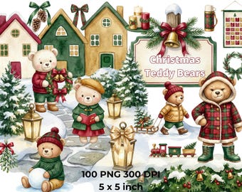 Watercolor Christmas Teddy Bears Clipart, Tartan Holiday Clipart, Cute Bears PNG, Festive Nursery PNG, Christmas Animals, Digital Download