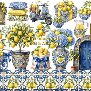 Può includere: Una collezione digitale di illustrazioni a tema mediterraneo con limoni, piastrelle con motivi blu e gialli, uno scooter, una scatola regalo, una brocca, una bottiglia di olio d'oliva, una carriola, alberi di limoni e una porta ad arco.