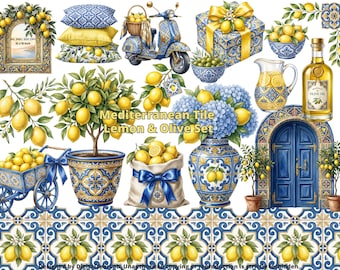 Mediterranean Lemon & Olive Clipart, Mediterranean Tile Clipart, Amalfi Coast Summer PNG Clipart, Tile Seamless Pattern borders, 4K, CU