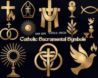 Luxury Gold  Catholic Sacrament Clipart, 7 Sacraments PNG Bundle, Baptism Confirmation Eucharist Icons, First Communion Gold Symbols, CU
