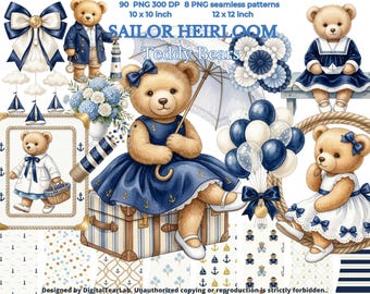 Sailor Teddy Bear Clipart, Heirloom Nautical Nursery Art, Watercolor PNG Bundle, Sublimation Design, Baby Shower Invitation, Cricut, 4k, CU