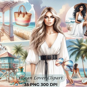 Watercolor Beach Time Clipart Bundle | Neutral Ocean Lover Fashion PNGs for Summer Crafts, CU