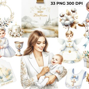 Watercolor White Baby boy baptism Cliparts, Baptism png files, white and gold baptism png, Boy Christening Baptismal CU