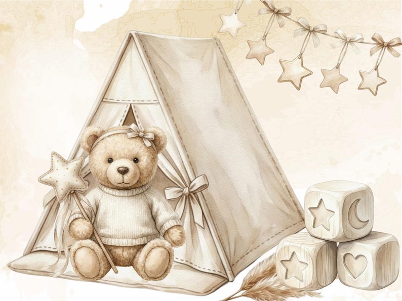 Watercolor Teddy Bear Clipart, Neutral Baby Shower PNG, Beige Nursery ...