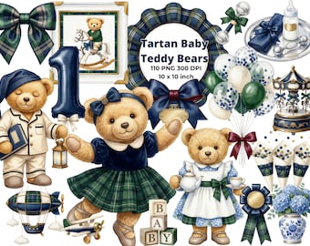 Oxford Plaid Nursery Clipart - Polo teddy bear Baby Shower PNG, Tartan teddy bear Clipart, Digital download, CU