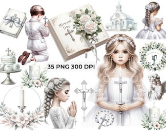 First Holy Communion Clipart – White and silver set Boy & Girl | 35 Transparent PNG Files for  Invites |C U