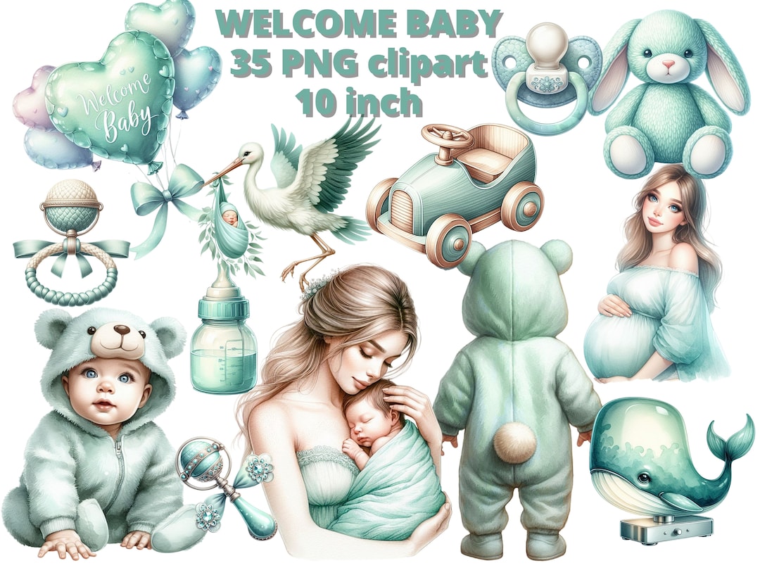 Mint Green Baby Shower Clipart Bundle - 'welcome Baby' PNG | Gender ...
