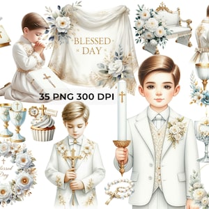 Clipart de communion pour garçon blanc et or | 35 fichiers PNG avec fond transparent, CU