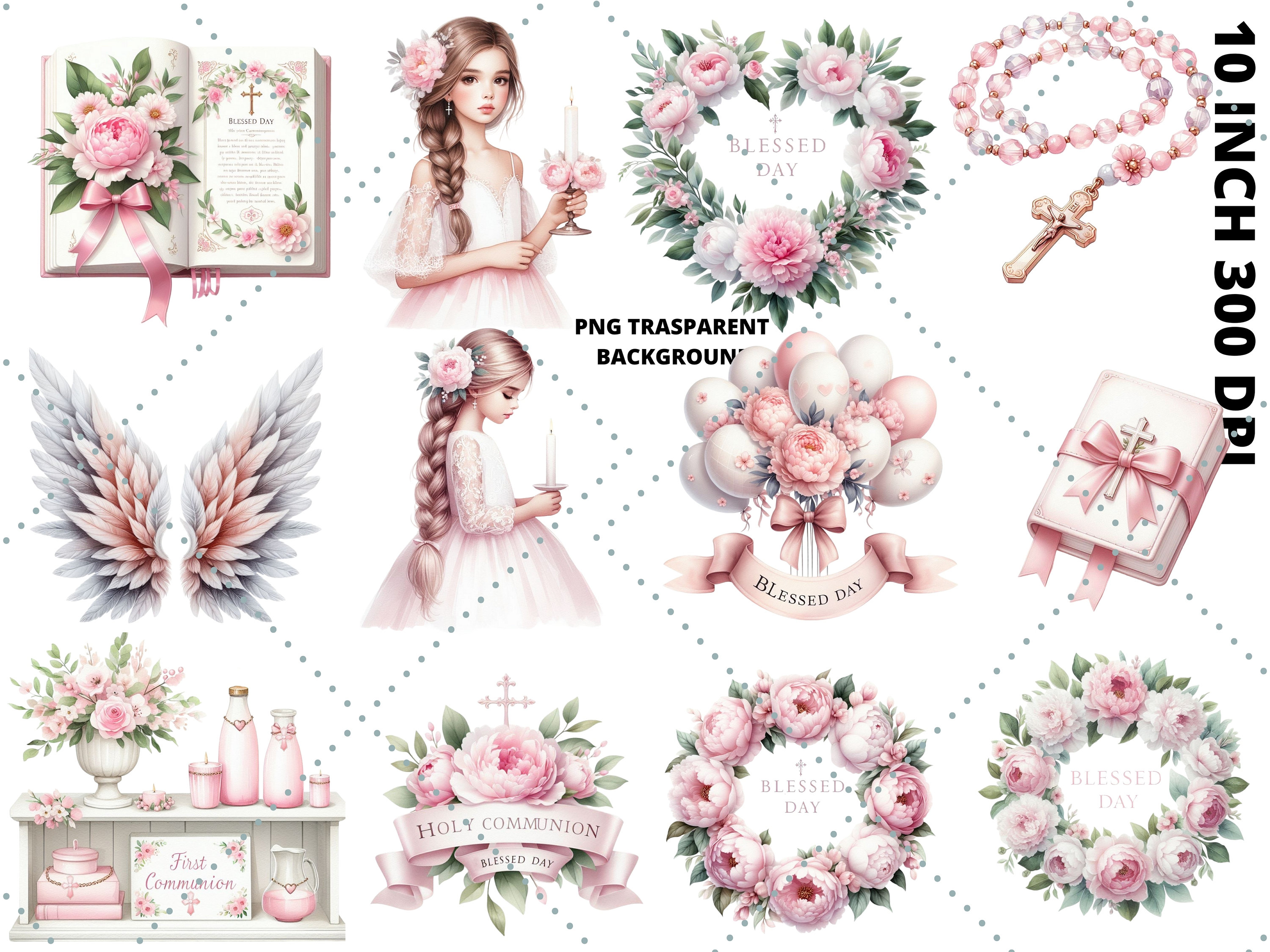 Pink Girl Communion Clipart Bundle | 35 First Holy Communion PNG Files ...