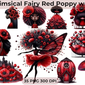 Pacote de clipart peculiar de papoulas surreais | PNGs de flores vermelhas e fadas excêntricas para artesanato, CU