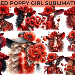 Clipart de fille coquelicot rouge – 25 dessins de dame à l'aquarelle | Collection PNG florale fantaisiste | CU