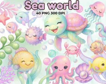 May include: A set of 40 digital illustrations of sea creatures, including a turtle, octopus, fish, crab, jellyfish, and seahorse. The illustrations are in a cartoon style and feature pastel colors.