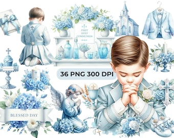 First Holy Communion Clipart for Boys – 35 PNGs w/ Transparent Background | DIY Invitations & Crafts | Commercial Use